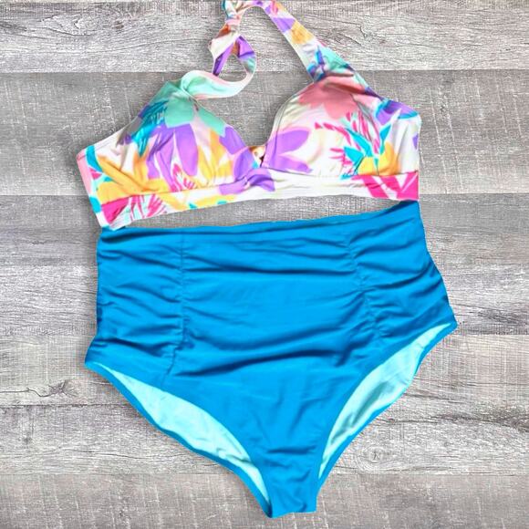 Cupshe Retro Floral Bikini 3X NEW Halter Top High Waist Slimming Ruched Bottom - Picture 1 of 7